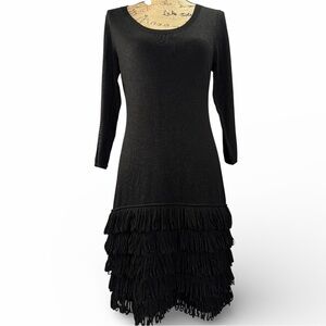 Calvin Klein Black Long-Sleeve Fringe Hem Knit Sweater Dress. EC. Size small